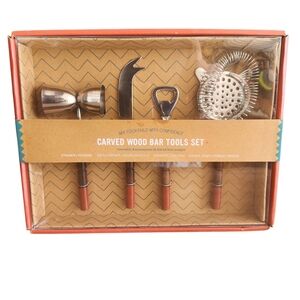 NWT West Elm 4 Piece Carved Wood  Bar Ware Cocktail Bartender Tools
